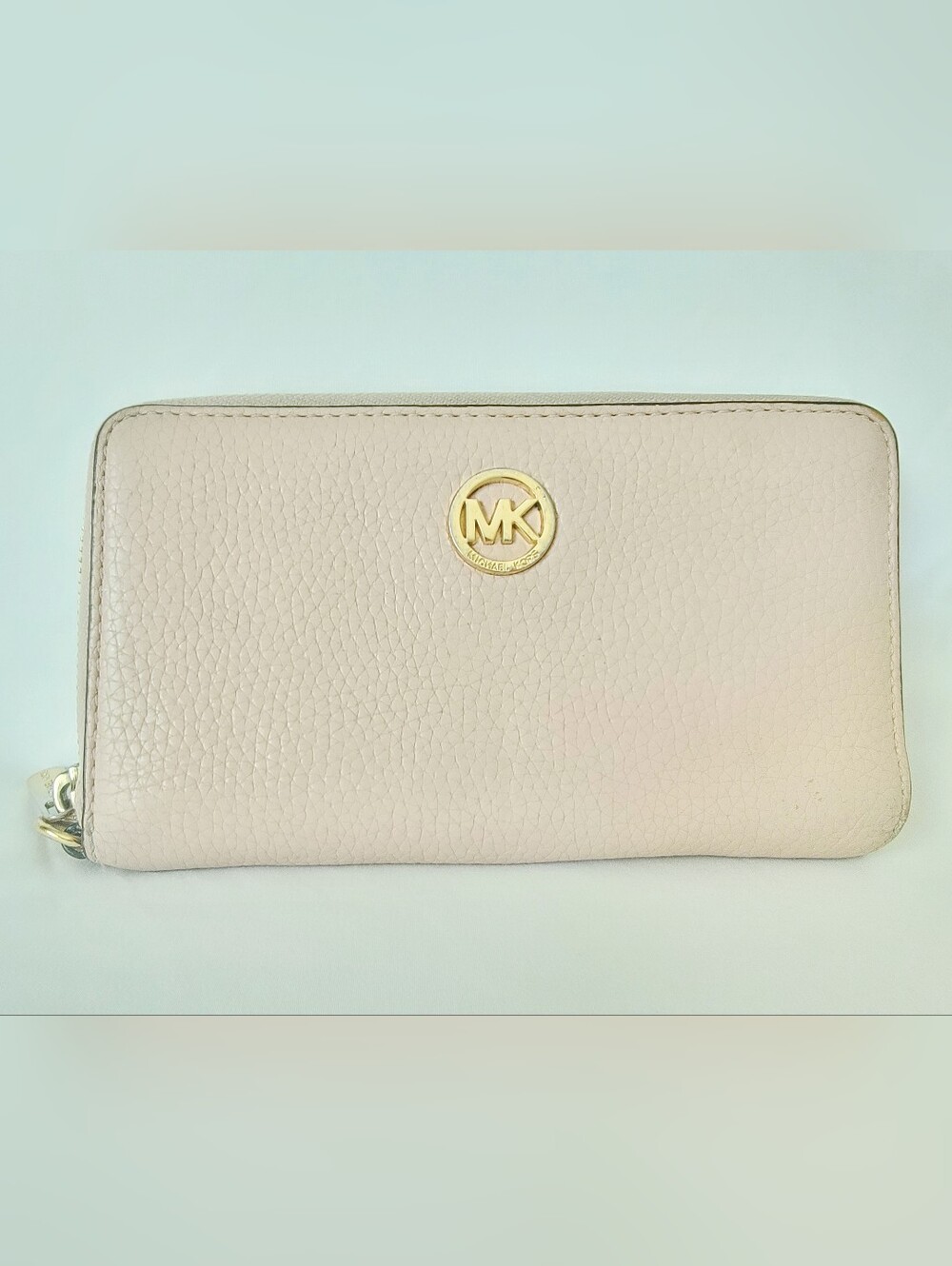 Michael Kors Pale Pink Pebbled Leather Zip-Around Wallet with Gold MK Emblem